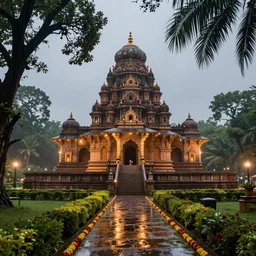 magnificent forts of indian temples surrounded by green jungles decorated in lights and flowers with rain hyperrealistic, sense of depth, 8 k, photorealistic, incredible india