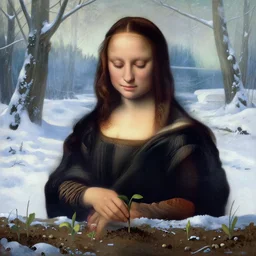natalie portman with indigo hair planting seeds in a winter wonderland, painting by leonardo da vinci