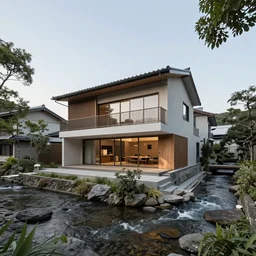 a modern japanese house with a river running through
