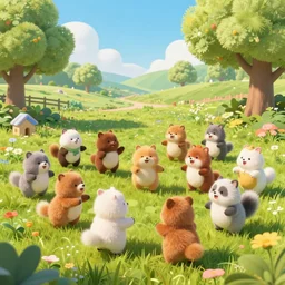 bright and happy landscape in which furry creatures are playing around, vibrant colors, extremely detailed digital art