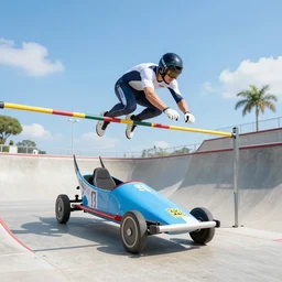 roman chariot racing high jump in a skate park half-pipe, video game cover