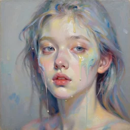 portrait of a beautiful girl, liquid paint dripping over face, brush strokes all over, intimate, pastel shades colors, beautiful face, rule of thirds, spotlight, expressive, passionate, by greg rutkowski, by tom bagshaw, by jeremy mann, by francoise nielly, by vincent van gogh, oil painting