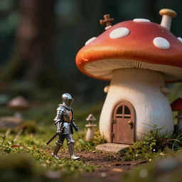 outdoors, a tiny human knight in armor is walking beside a cute mushroom cottage, anamorphic, dramatic lighting, professional macro photography, kodak ektar film