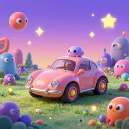 A fancy alien car on a magical biome of full of oddities, fireflies, slimes, slimy, goofy, sparkles, fantasy, fantastic, positive vibes, Vibrant colors, Smooth gradients, digital art, behance, artstation, unreal render, unreal engine 5, octane, smooth, 8k