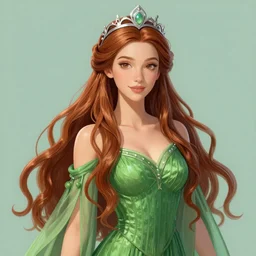 A beautiful Queen of the Fae with long chestnut hair wearing a green pleated dress and a silver diadem, digital art