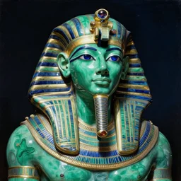 a portrait of ancient egyptian god of the sun ra, in liquid porcelain, malachite, sapphire, and ruby. night time. deep reflective green blue tones. renaissance masterpiece. highly detailed sci - fi fantasy painting by norman rockwell, frank frazetta, johfra bosschart, and syd mead. rich colors, high contrast, dark background. artstation