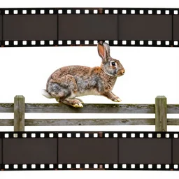 a rabbit sitting then jumping up over a fence, film strip reel showing multiple frames