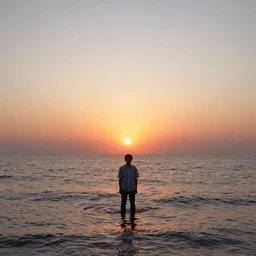 tatsuro yamashita standing in the ocean looking at the camera, wide shot, far!!!!!!! away, zoomed out, distance!!!!!!! shot, sunset, centered!!!!!!!!!!, album cover, 1980, ride on time