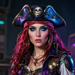 a head and shoulders portrait of a female space pirate, neon, retro, steampunk, smooth, sharp focus, intricate, artstation, detailed concept art by Greg Rutkowski and Norman Rockwell and artgerm and Beksinski