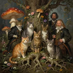 a beautiful digital illustration painting of a detailed fantasy cats and roots, mushroom, flowers by benoit b. mandelbrot, steven belledin, martin johnson heade, lee madgwick, caspar david friedrich, and david rios ferreira. 8 k resolution trending on artstation concept art digital illustration