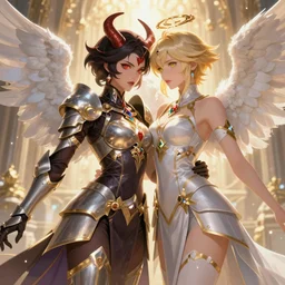 portrait of demonic woman and angelic woman in armour, passionate pose, pixie, genshin impact, intricate, elegant, golden glow, sharp focus, soft bokeh, illustration, highly detailed, concept art, matte, trending on artstation, bright colors, art by wlop and artgerm and greg rutkowski, mucha, giger, marvel comics, beksinski