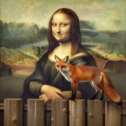 one lone fox ontop a wooden fence, painted by da vinci
