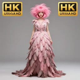girl with an eccentric pink haircut wearing an long dress made of feathers, full character, realistic art work, cgi, anime, 8 k, ultra hd, sketch anime