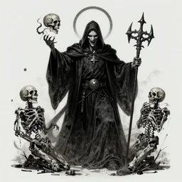 high detailed figure of a majestic necromancer summoning the dead, malicious facial expression, full body figure, album cover detailed poster art style by Dariusz Zawadzki