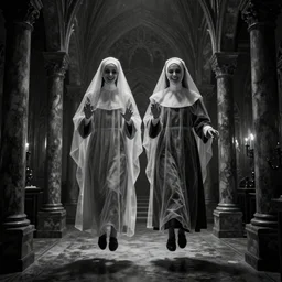 nightmare vision, black and white, award winning photo of smiling levitating twin nuns, wearing translucent sheet, Mary in a sanctuary, mirror hallways, eerie, tall columns, frightening —width 1024 —height 1024