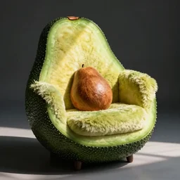 photo of a knolling of an armchair shaped like an avocado