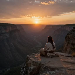 an shaman sitting at the top of a cliff, looking down at the valley, doing a vision quest, beautiful sunset, art by artgerm and greg rutkowski and alphonse mucha