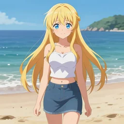 a very beautiful anime girl, full body, long golden hair, sky blue eyes, full round face,cute face, short smile, mini jeans skirt, cute top, beach setting, cinematic lighting, medium shot, mid-shot, highly detailed, trending on Artstation, Unreal Engine 4k, cinematic wallpaper by Stanley Artgerm Lau, WLOP, Rossdraws, James Jean, Andrei Riabovitchev, Marc Simonetti, and Sakimichan