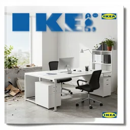 IKEA catalogue photo of an office, decay and destruction outside