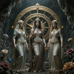 The three moiras, dressed in robes of veils and  with intricate jewels  behind a large and detailed sculpted astrolabe, inside a cave with  alien flowers, dramatic atmosphere, Diffused lighting, highly detailed digital art, trending on artstation, depth of field