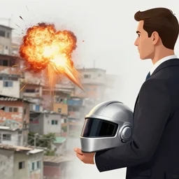 Man in a suit holding a daft punk helmet in one hand, looking at an explosion, favela