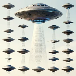 chart infographic of hundreds of different UFO flying saucers, designed by an alien, in an alien language, hyperdetailed, 8k