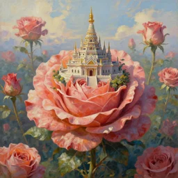 a beautiful and highly detailed painting of a bloomcore temple built on the top leaf of a towering rose on a world of massive scale bloom flora | establishing shot | unreal engine :. 3 | impasto :. 6