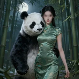 photorealistic dramatic fantasy digital painting of a beautiful chinese woman wearing a qipao who is partially transforming into a werepanda, in the moonlit bamboo forest at night. physiological transformation ; hybrid creature that is half panda and half human. highly - detailed professional art.