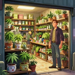bustling small shop neatly organised retail cannabis leaves in cute designer planters, aussie, environment portrait ink drawn by steve hanks, australia video game still render by pixar