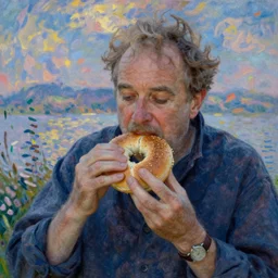 Larry David eating a Bagel in the style of Monet
