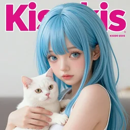 Single teenager girl with cat as Kissxsis, Shonen JUMP magazine illustration, light blue hair, light skin, soft light, sharp focus