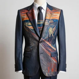 stunning photograph of a three piece suit designed by edvard munch. award winning piece of fashion. studio lighting