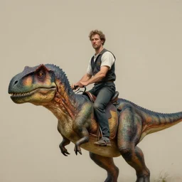 portrait of man riding! a dinosaur. extreme fine detail background, highly detailed, detailed eyes, high quality, digital painting, hyperrealistic, by gaston bussiere, j. c. leyendecker, craig mullins