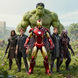 portrait of marvels ( ( ( ( ( ( ( ( ( ( ironman ) ) ) ) ) ) ) ) ) ) hulk by hr giger, greg rutkowski, luis royo and wayne barlowe as a diablo, resident evil, dark souls, bloodborne monster, elden ring creature : : ( in a garden, grassy field, large field in the background )