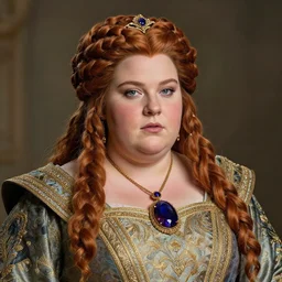 portrait, beautiful dwarven queen wearing elegant brocade dress and ametrine pendant, by greg staples, thomas kinkade, jeff easley, dungeons and dragons, intricate, highly defihned, ultra realistic, regal, complex braided hair, chubby and plump, big nose, sharp focus, highly detailed, soft lighting
