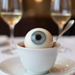 8 5 mm food photography of a large eyeball in a cup with a spoon at a restaurant with dof and bokeh and wine glasses out of focus in the background. highly detailed 8 k. intricate. lifelike. soft diffused light. nikon d 8 5 0.