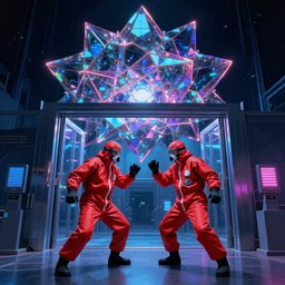 two scientist wearing red hazmat suits moshing at the entrance of the geometric crystal nebula dimensional gateway by frank frazetta. neon lighting.