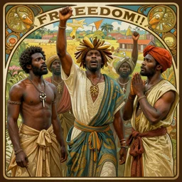 newly freed african slaves celebrating, freedom!!!, exasperation by artgerm, cushart krenz, greg rutkowski, mucha. art nouveau. gloomhaven, plantation background, vibrant colors, sharp edges. ultra clear detailed. 8 k. elegant, intricate, octane render