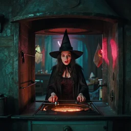 a witch with her head in an oven, film still from the movie directed by wes anderson with art direction by zdzisław beksinski, wide lens, neon lights,