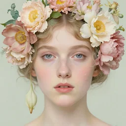 a lot of flowers morphing in a beautiful girls face, film still by wes anderson, depicted by balthus, limited color palette, very intricate, art nouveau, highly detailed, lights by hopper, soft pastel colors, minimalist