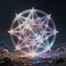 dream landscape, simulation, glitch art, sacred geometry, volumetric object, physical particles, translucence, cinematic lighting, iridescence, by ash thorpe