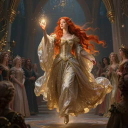 Fantastic, fairytale painting, Beautiful, sorceress, long flowing red hair, light emitting from fingertips, hovering, ornate gown, royalty, surrounded by a crowd of people, onlookers, kingdom, royal court