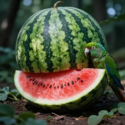 a photo of a giant mutant watermelon parakeet in its natural habitat, kodak ektachrome e 1 0 0 photography