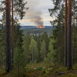 beautiful view of a swedish forest, distant forest fire, highly detailed, hyperrealistic, very sharp focus, intricate, soft lighting, wide shot photograph, digital painting by simon stålenhag