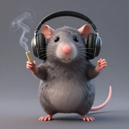 anthropomorphic male rat making hand signs whilst smoking a blunt and wearing headphones, 3d render