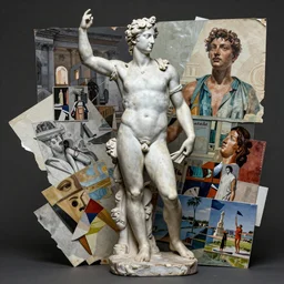 italian greek sculpture wearing painter clothes, artstation, by greg rutkowski, 4 k, hyperdetailed, hyperrealistic, very artistic, surreal, octane render, collage art