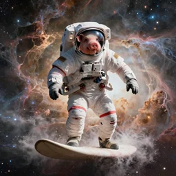 centered portrait of the Astronaut with a pig face surfing on a nebula, realistic concept, light atmosphere, golden ratio, wide shot, cinematic lighting, hyperdetailed, high detailed, high resolution, insanely detailed and intricate, artstation, Marc Simonetti, Greg Rutkowski, octane render, unreal engine, 8k