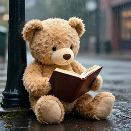teddy bear reading on the street in the rain, movie poster