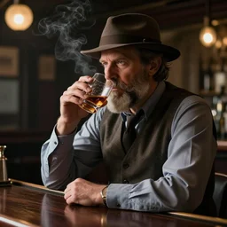 photo of a grizzled detective sipping whisky in a smoky bar