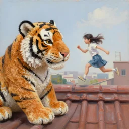 ( ( a beautiful 8 k photorealistic masterpiece oil - painting ) ( close up ) and ( zoom out ) ( of ( a tiger soft toy ) ( talking to a girl ( while running on a roof ) ) ) ( hyperrealism ) ( 1 6 k ) ( trending on artstation )